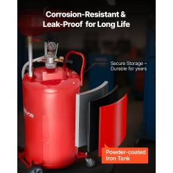 Rautainen 79,5 l jäteöljynkeräyssäiliö pneumaattisella tyhjennyksellä säädettävällä suppilolla ja pyörillä