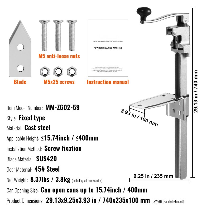 Manuaalinen pöytämallinen tölkinavaaja säädettävällä korkeudella ruostumattomilla terillä jopa 400 mm korkeille tölkeille