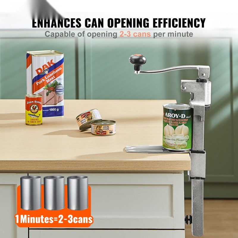 Pöytäkiinnitteinen manuaalinen säilyketölkinavaaja ruostumatonta terästä kaksoisterillä säädettävä jopa 300 millimetriin