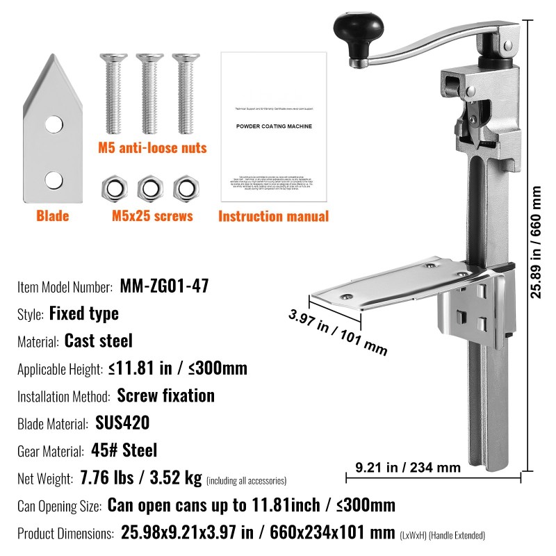 Pöytäkiinnitteinen manuaalinen säilyketölkinavaaja ruostumatonta terästä kaksoisterillä säädettävä jopa 300 millimetriin