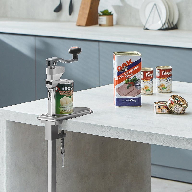 Manuaalinen pöytäkiinnitteinen purkinavaaja korkeussäädöllä jopa 400 millimetriä ruostumaton terä