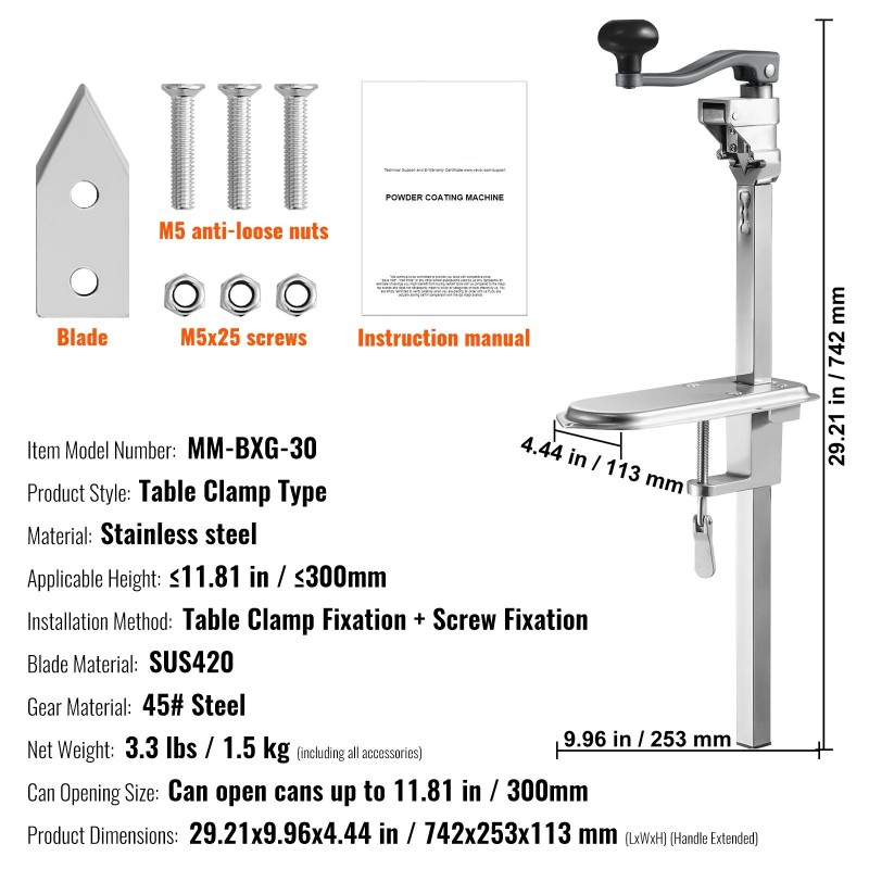 Säilyketölkin avaaja manuaalinen pöytäkiinnitteinen SUS420 terällä jopa 300 mm tölkeille ammattikeittiöihin