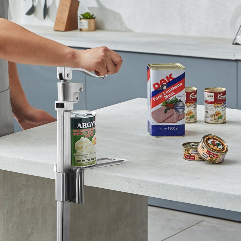 Käsikäyttöinen pöytämallinen tölkinavaaja valuteräksestä ruostumattomilla terillä sopii jopa 300 mm tölkeille ravintoloihin