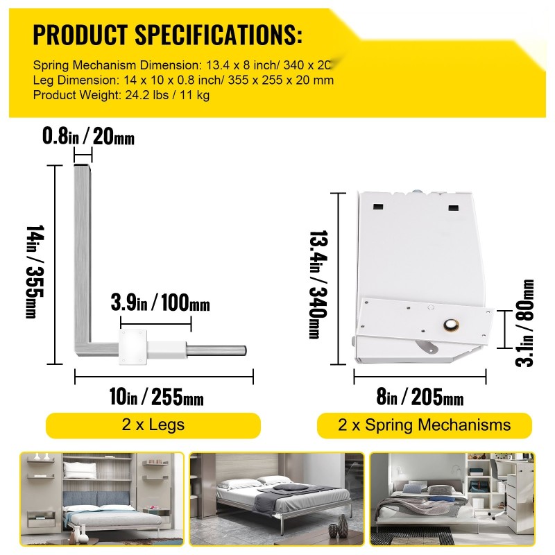 Pystysuuntainen kaappisängyn jousimekanismisarja rauta ja ruostumaton teräs 9 jousella sopii 1,2–1,8 m