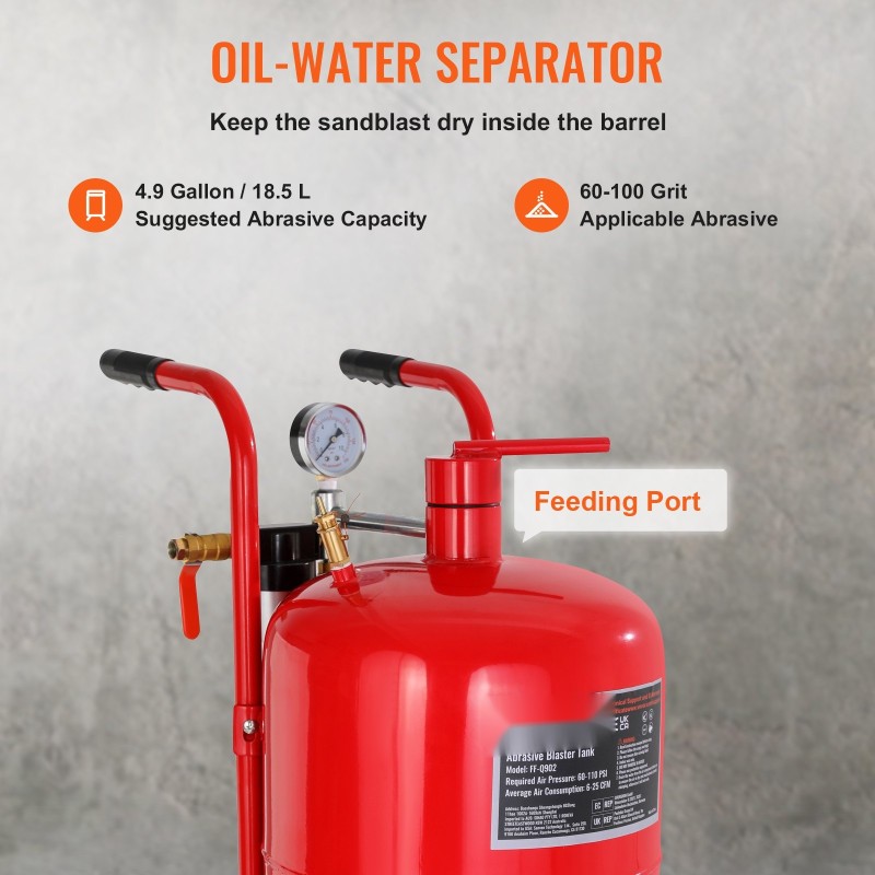 Painehiekkapuhallin 40 l säiliö öljyvesierotin keraamiset suuttimet 2,5 m kumiletku kumipyörät