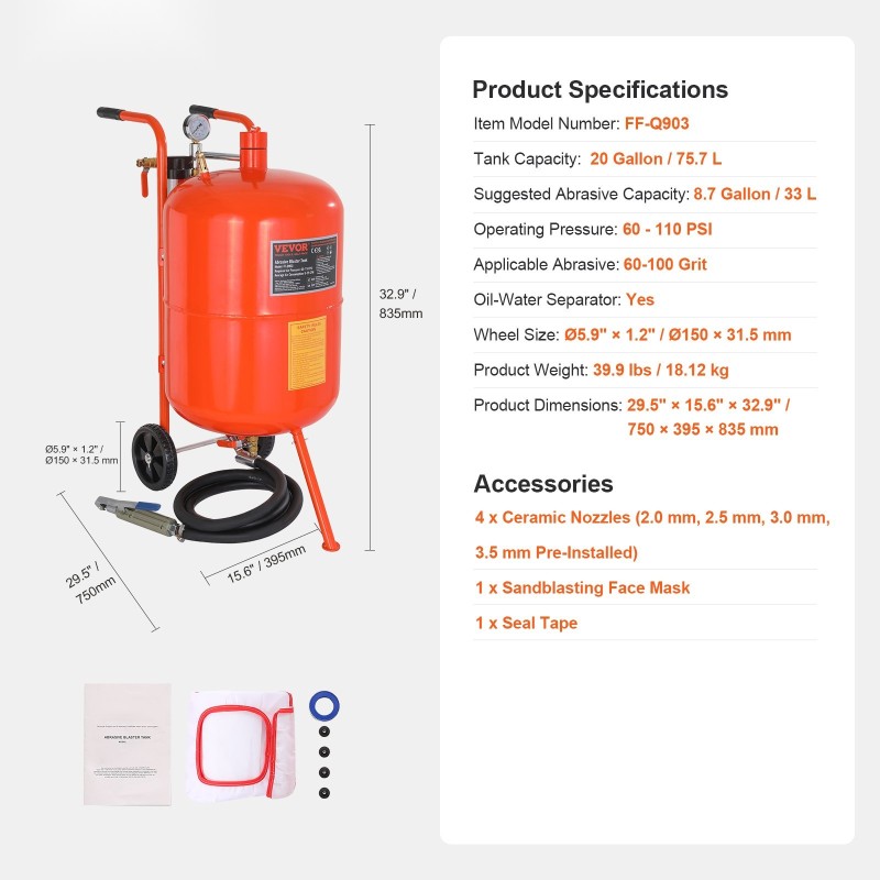 Paineellinen hiekkapuhallin 75,7 litraa 60–110 PSI alumiinipistoolilla mukana 4 keraamista suutinta