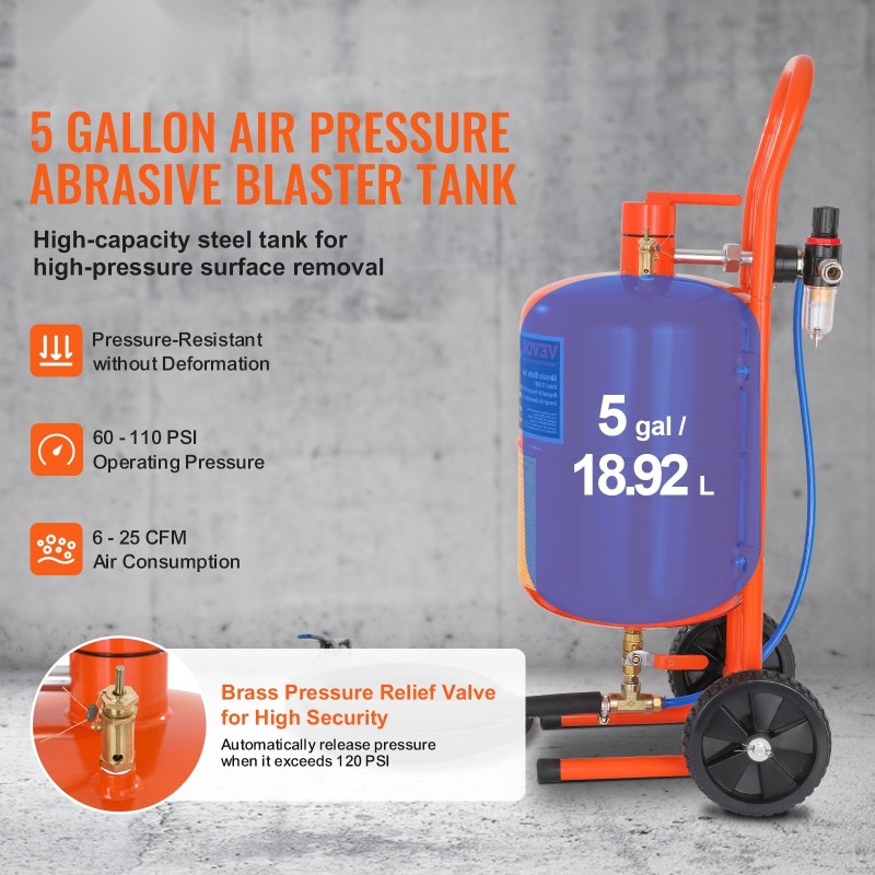Painehiekkapuhallin 18,9 l säiliöllä 60–110 PSI öljy-vesierotin alumiinipistooli 4 keraamista suutinta