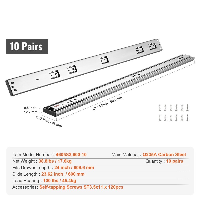 Sivukiinnitteiset laatikkokiskot sinkittyä hiiliterästä 609,6 mm 10 paria