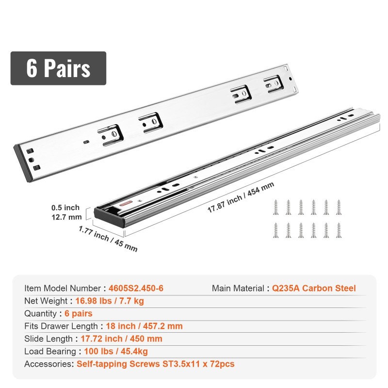 Laatikkokiskot sivukiinnitteiset kokopitkät 457 mm 6 paria galvanoitu hiiliteräs 45,4 kg kantavuus