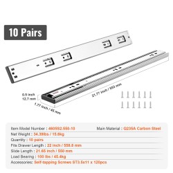 Sivukiinnitteiset laatikkokiskot galvanoitu hiiliteräs 558,8 mm 10 paria 45,4 kg pehmeä sulkeutuminen