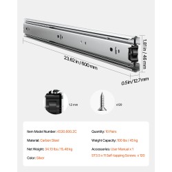 Sivukiinnitteiset hiiliteräksiset laatikkokiskot 600 mm 10 paria täyspitkä ulosveto 45 kg kantavuus