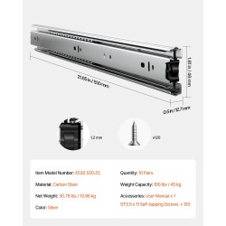 Laatikokiskot hiiliteräs 550 mm 45 kg täysin ulosvedettävät 10 paria sivukiinnitys