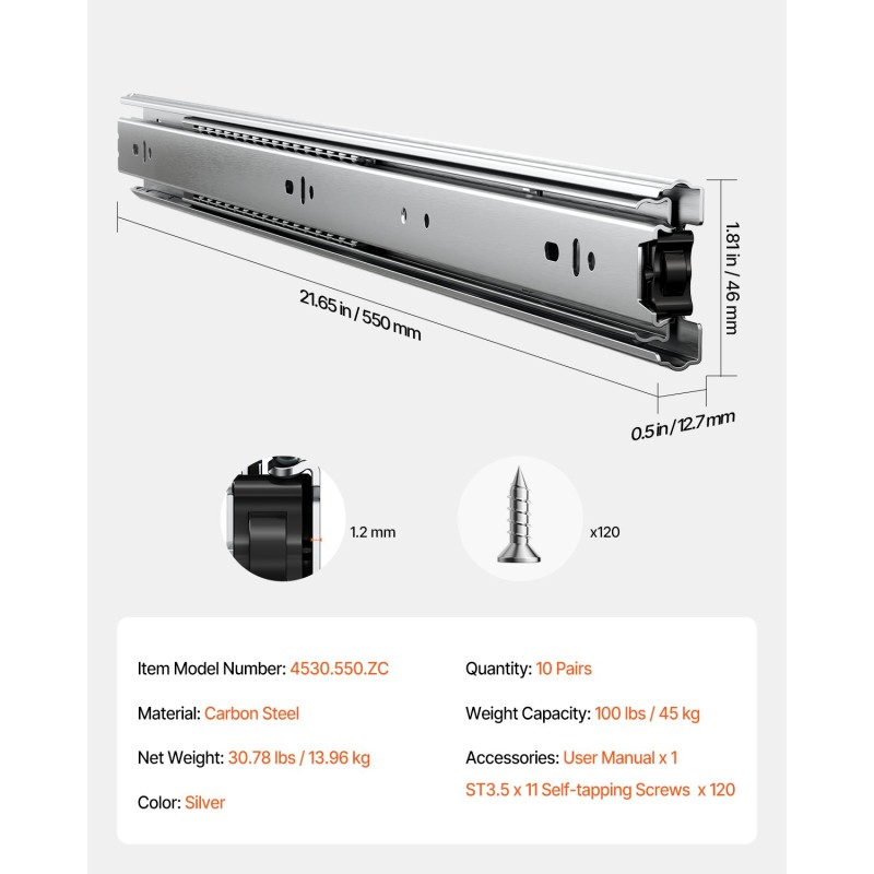Laatikokiskot hiiliteräs 550 mm 45 kg täysin ulosvedettävät 10 paria sivukiinnitys