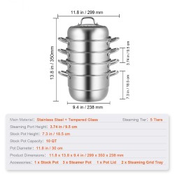 Höyrykattila viisi kerrosta 304 ruostumaton teräs 30 cm halkaisijalla