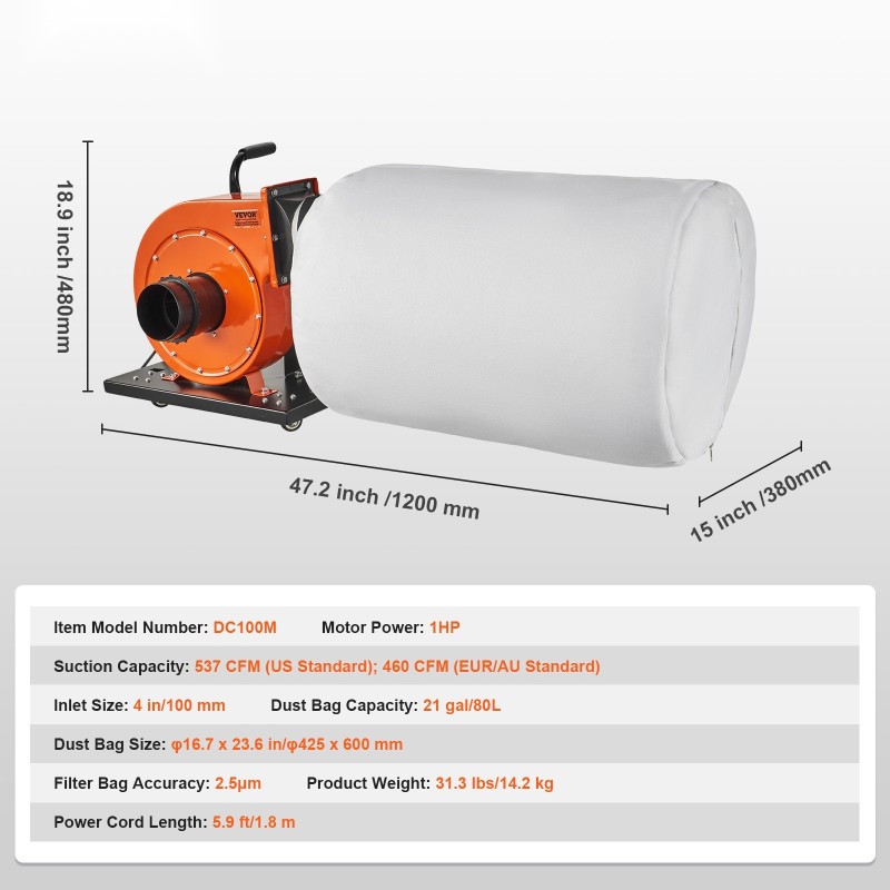 Siirrettävä puupölynkerääjä 80 l polyesteripussilla 2,5 µm suodatus 100 mm imuaukko