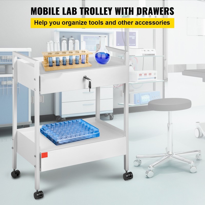 Laboratoriovaunu teräsrunko kaksi tasoa kaksi vetolaatikkoa lukittavat laatikot valkoinen kääntyvät pyörät