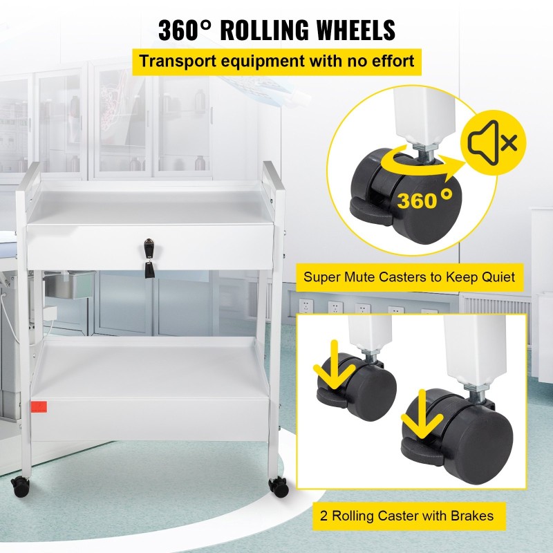 Laboratoriovaunu teräsrunko kaksi tasoa kaksi vetolaatikkoa lukittavat laatikot valkoinen kääntyvät pyörät