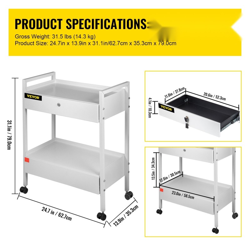 Laboratoriovaunu teräsrunko kaksi tasoa kaksi vetolaatikkoa lukittavat laatikot valkoinen kääntyvät pyörät