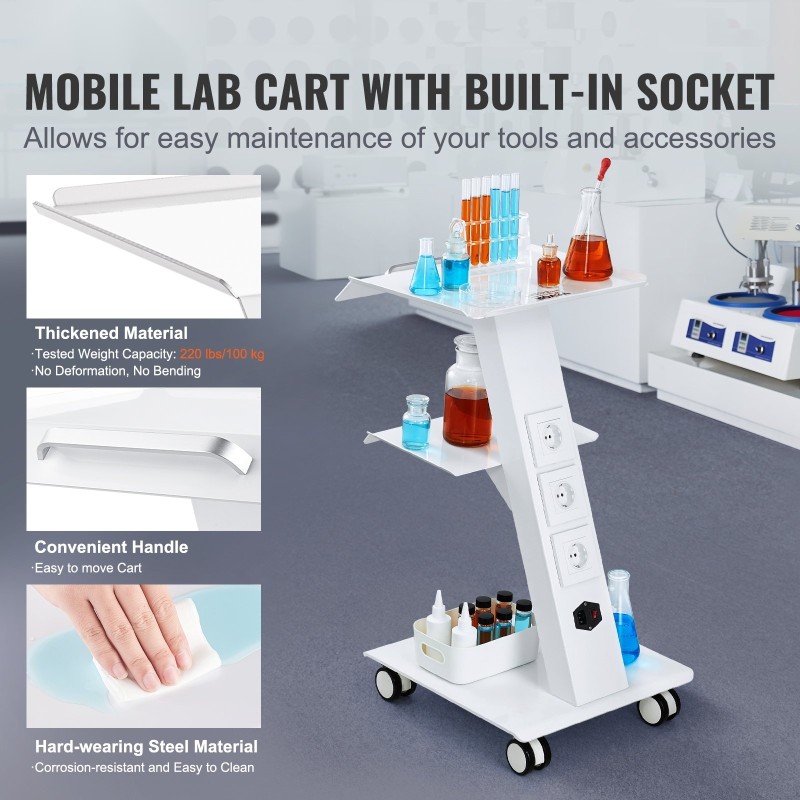 Laboratoriovaunu teräsrunkoinen 3 tasoa 100 kilogramman kantavuus sisäänrakennetulla pistorasialla 4 kääntyvää pyörää