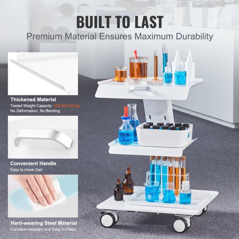 Laboratoriovaunu teräksinen kolmitasoinen 100 kg kantavuus 2 lukittavaa pyörää