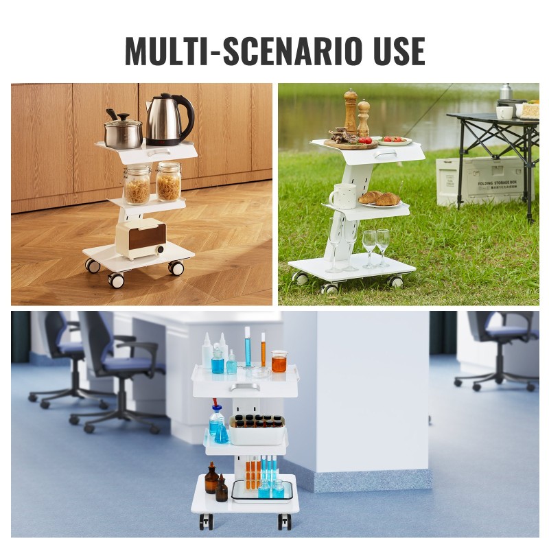 Laboratoriovaunu teräksinen kolmitasoinen 100 kg kantavuus 2 lukittavaa pyörää