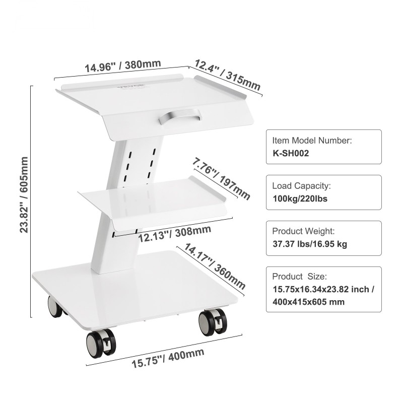Laboratoriovaunu teräksinen kolmitasoinen 100 kg kantavuus 2 lukittavaa pyörää