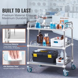 Laboratoriokärry ruostumattomasta teräksestä 3 hyllytasoa 670x395x867 mm 4 kääntyvää pyörää 2 lukittavaa