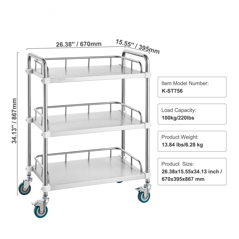 Laboratoriokärry ruostumattomasta teräksestä 3 hyllytasoa 670x395x867 mm 4 kääntyvää pyörää 2 lukittavaa