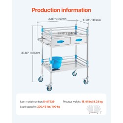 Laboratoriovaunu ruostumattomasta teräksestä kaksi tasoa kaksi vetolaatikkoa lukittavat pyörät laboratorioihin