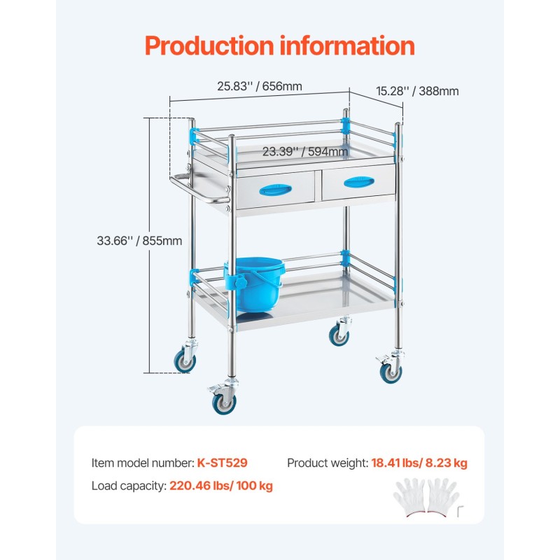 Laboratoriovaunu ruostumattomasta teräksestä kaksi tasoa kaksi vetolaatikkoa lukittavat pyörät laboratorioihin