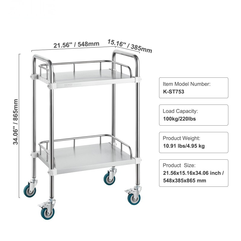 Laboratoriovaunu kaksitasoinen ruostumattomasta teräksestä 385 x 548 x 865 mm