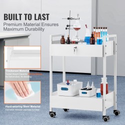 Laboratoriovaunu kaksi tasoa kaksi lukittavaa laatikkoa valkoiseksi maalattu teräsrunko pyörillä
