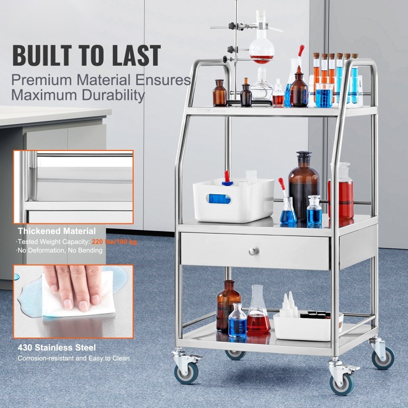 Rullavaunu ruostumatonta terästä 3 tasoa laatikko lukittavat pyörät laboratorioon