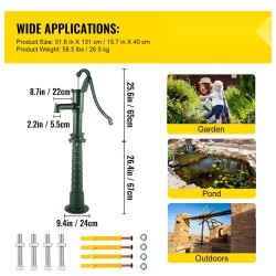 Käsikäyttöinen valurautainen vesipumppu jalustalla 131 senttimetriä vihreä 6 metrin pumppaussyvyys