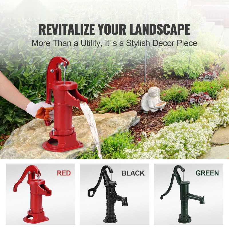 Käsikäyttöinen valurautainen kaivopumppu 7,6 m nostokorkeus punainen ergonominen kahva