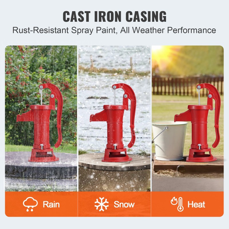 Käsikäyttöinen valurautainen kaivopumppu 7,6 m nostokorkeus punainen ergonominen kahva