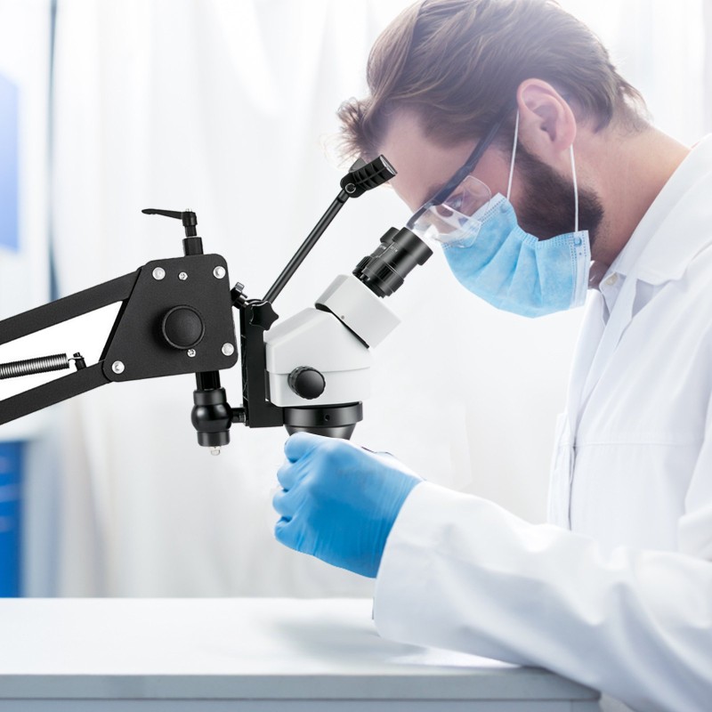 Mikroistutuspeili alumiinirunkoinen korutyöhön jatkuvalla zoomilla 0,7–4,5x monisuuntainen jousivarsi 95–300 mm