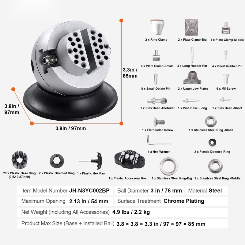 Pallopenkki teräsrunko kromipinnoitteella 78 mm pallolla 360 asteen pyörivällä jalustalla