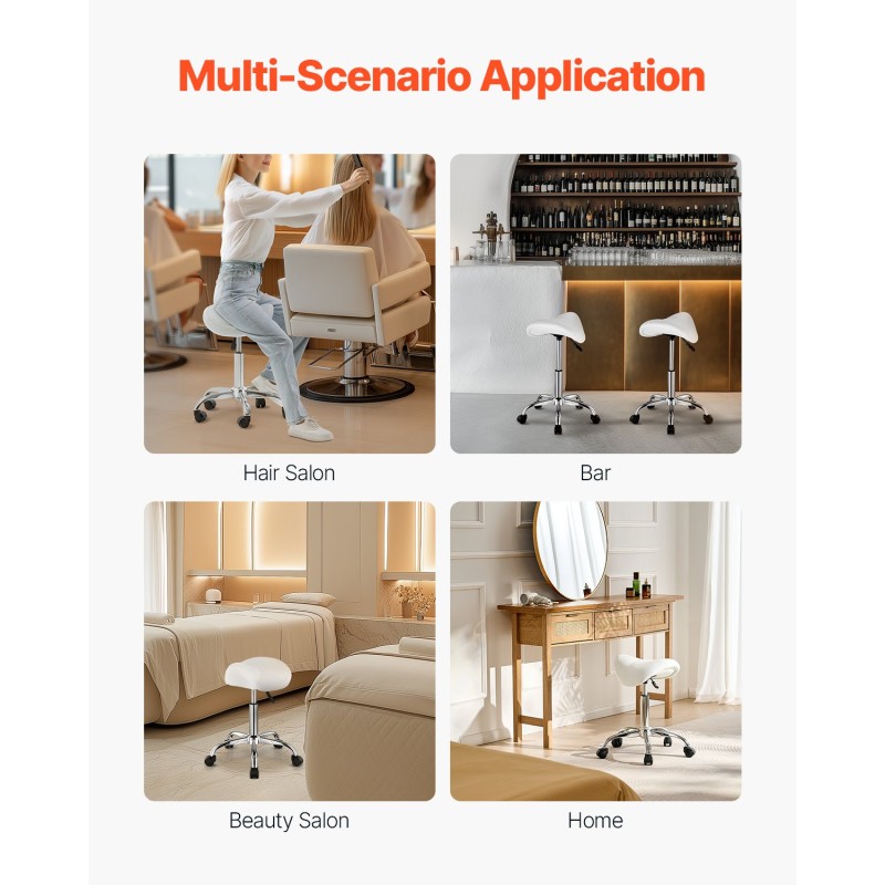 Satulatuoli pyörillä säädettävä 55–71 cm PU-nahka 204 kg valkoinen