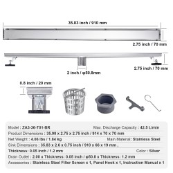 Linjakaivo 610 mm harjattu 304 ruostumaton teräs laattakannella säädettävillä jaloilla hiussihdillä