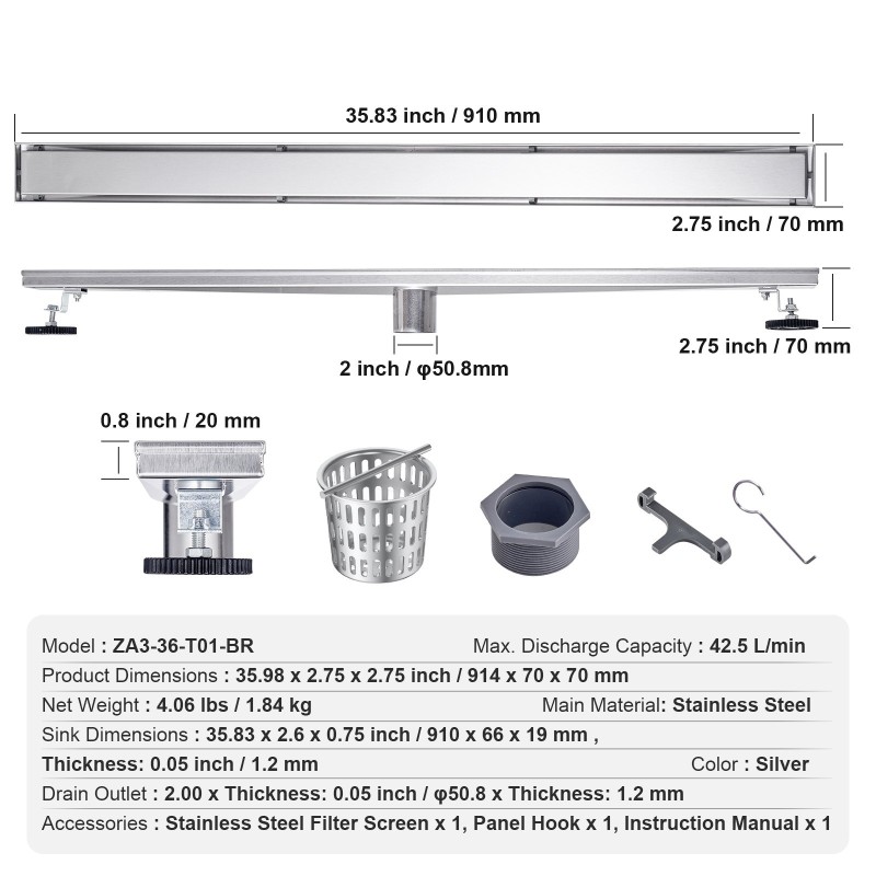 Linjakaivo 610 mm harjattu 304 ruostumaton teräs laattakannella säädettävillä jaloilla hiussihdillä
