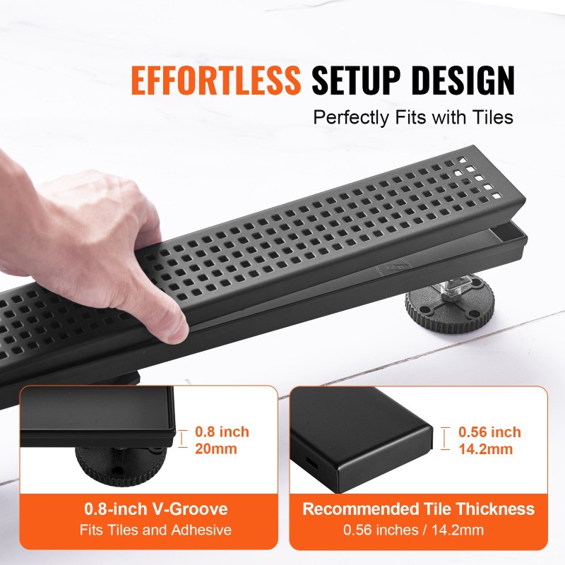 Suoralinjainen lattiakaivo 610 mm 304-ruostumatonta terästä mattamusta neliöritilällä hiussuodattimella