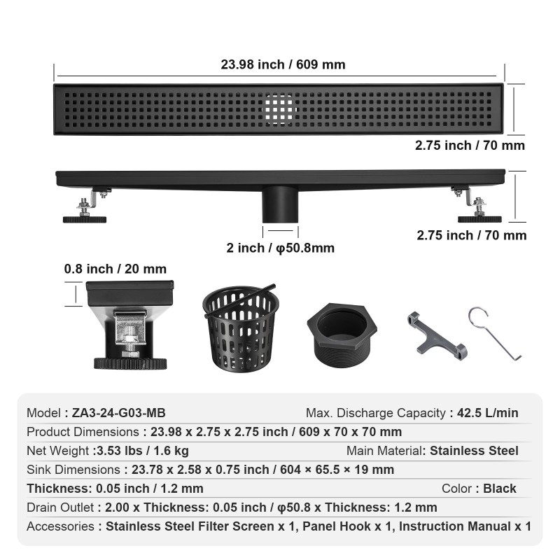 Suoralinjainen lattiakaivo 610 mm 304-ruostumatonta terästä mattamusta neliöritilällä hiussuodattimella
