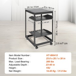 Avoin 15U hiiliteräs palvelinteline 19 tuuman asennusleveydelle säädettävä syvyys 58,5–101,6 cm pyörillä