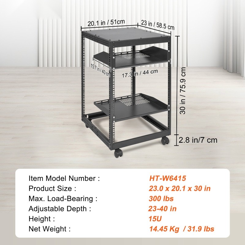 Avoin 15U hiiliteräs palvelinteline 19 tuuman asennusleveydelle säädettävä syvyys 58,5–101,6 cm pyörillä