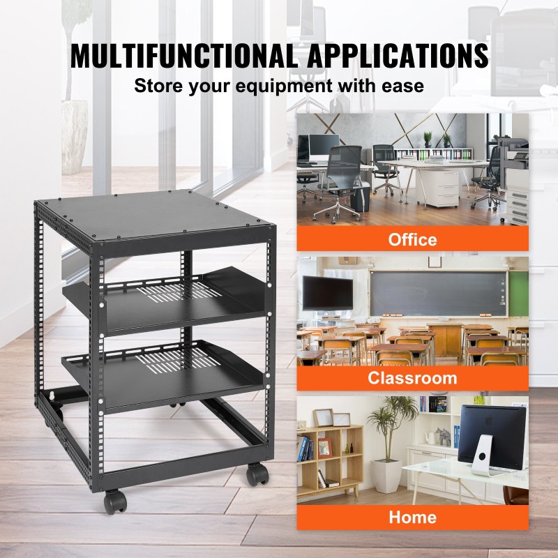 Avoin 12U palvelinteline hiiliteräs säädettävä syvyys 58,5–101,6 cm 19 tuuman nelipilarinen pyörillä