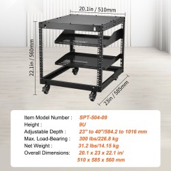 Avoin 9U nelipilarinen teräs palvelinteline säädettävä syvyys 584–1016 mm pyörillä