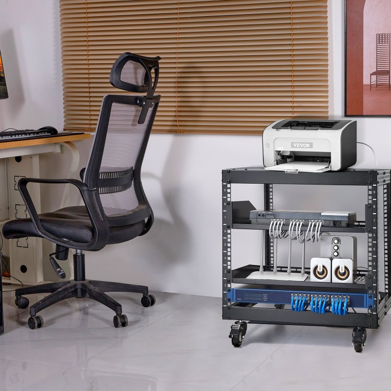 Avoin 9U nelipilarinen teräs palvelinteline säädettävä syvyys 584–1016 mm pyörillä