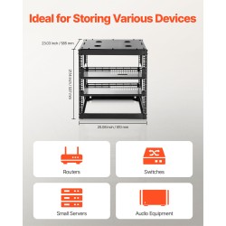 Avoin 10U verkkoteline hiiliteräs 585 mm syvyys nelipilarinen seinä tai lattia