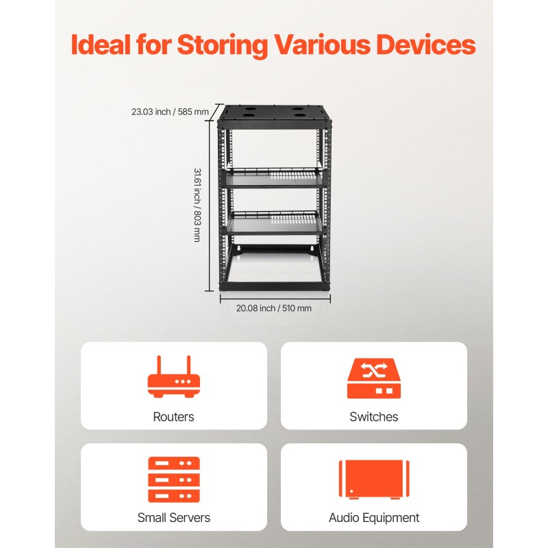 Avokehyksinen 16U verkkoteline nelipylväinen hiiliteräs 585 mm syvyys seinä tai lattia-asennus